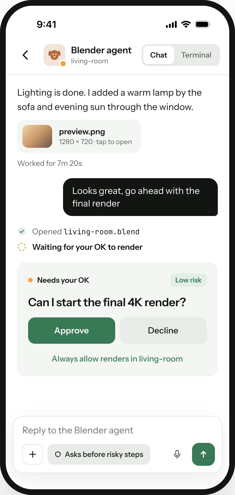 A Kennel chat with a coding agent on iPhone, with an approval request inline